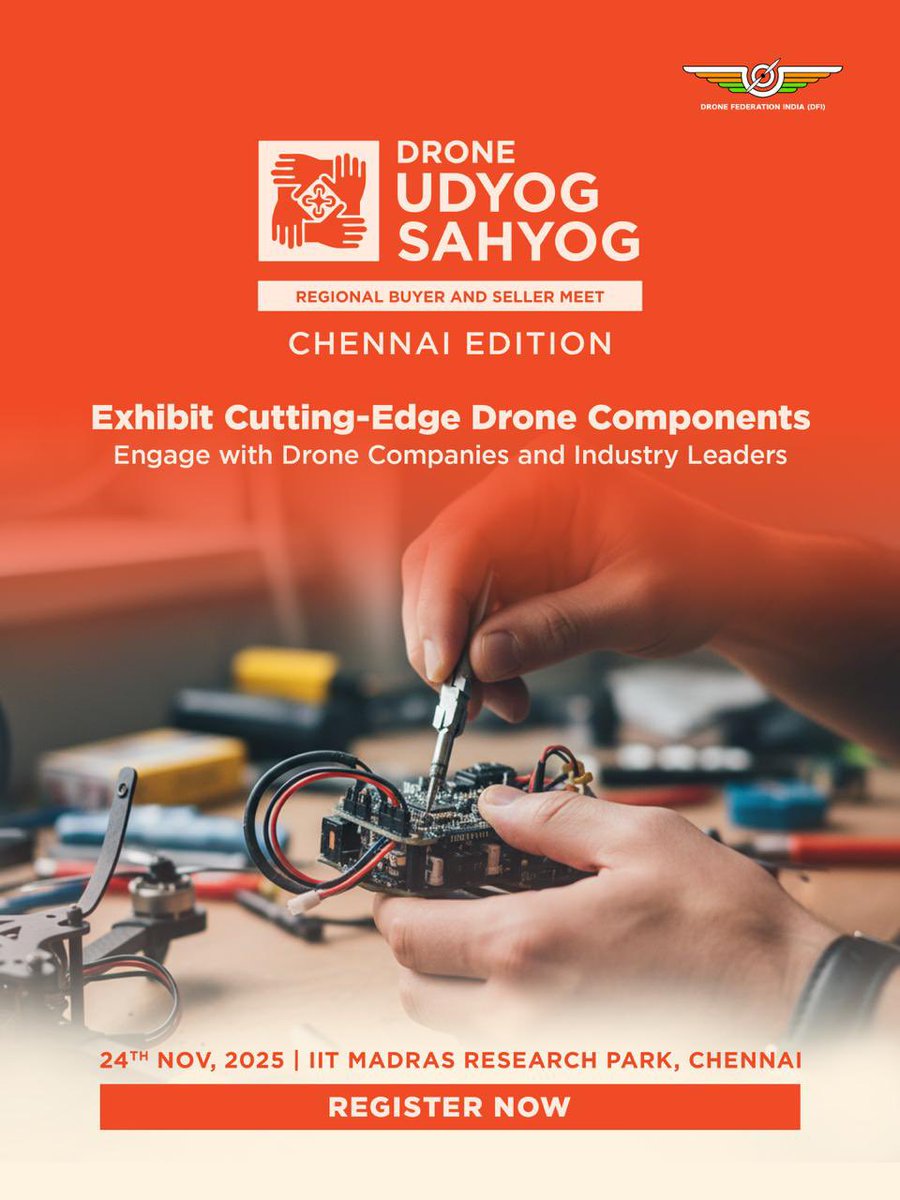 dronefed's tweet image. Meet drone makers, explore new tech, and connect with the teams shaping India’s drone ecosystem at Drone Udyog Sahyog Chennai Edition. 🤝🏻⚙️

Join us at IIT Madras Research Park. Register now.

Registration Link: dronefederation.in/events-and-pro…

Register now.

#DroneUdyogSahyog