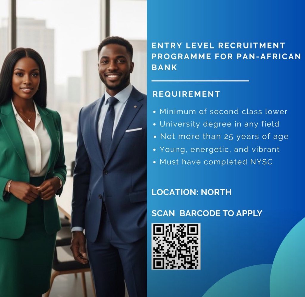 MSIngawa's tweet image. JOB ALERT

ENTRY LEVEL RECRUITMENT PROGRAMME FOR PAN-AFRICAN BANK

Requirements: 
-Minimum of second class lower
-University degree in any field
-Not more than 25 years of age
-Young, energetic, and vibrant
-Must have completed NYSC

 forms.office.com/pages/response…