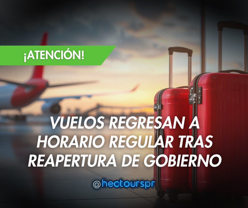 HectoursPR's tweet image. 🔔 Buenas noticias: la FAA levantó las restricciones de vuelos en 40 aeropuertos de USA, impuestas durante el cierre del gobierno.

🛫 Desde ayer, las aerolíneas ya están operando con sus horarios regulares.🙌

📍 Si tienes un viaje planeado: revisa tu itinerario por si hay…