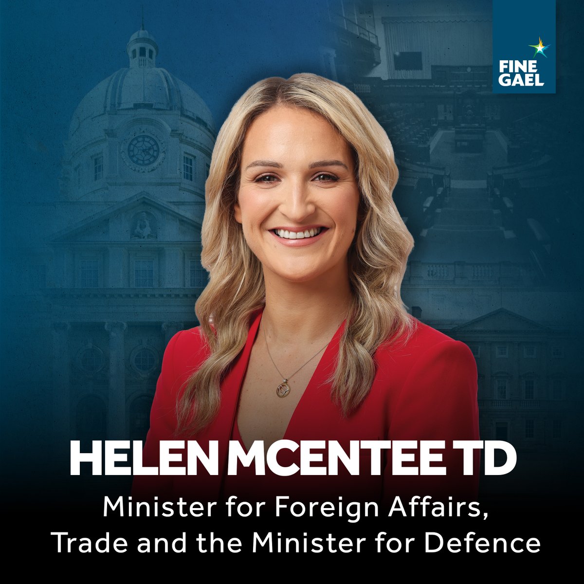 FineGael's tweet image. Congratulations to @HMcEntee on being appointed Minister for Foreign Affairs,Trade and the Minister for Defence.