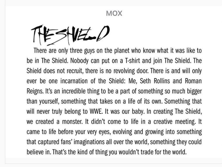 Fightful's tweet image. “In creating The Shield, we created a monster. It didn’t come to life in a creative meeting. It came to life before your very eyes…”

Jon Moxley’s excerpt on The Shield from his book, MOX.
