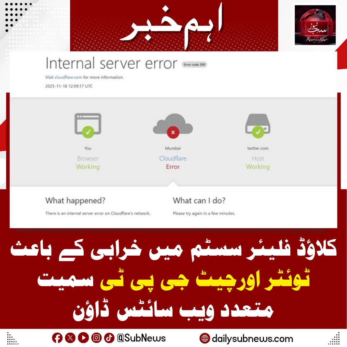 DailySubNews's tweet image. کلاوڈ فلیئر سسٹم میں خرابی کے باعث ٹوئٹر اور چیٹ جی پی ٹی سمیت متعدد ویب سائٹس ڈائون
dailysubnews.com/news/275285/
#BreakingNews #SubNews #CloudFlare #InternetDown #Twitter #Amazon