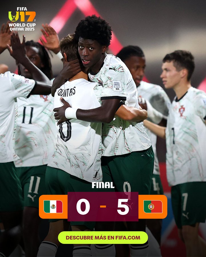 Group of young male soccer players in green and white Puma uniforms with Qatar 2022 patches celebrating a victory, one with curly black hair hugging another, arms raised, surrounded by teammates, scoreboard showing Mexico 0 - 5 Portugal in final match, FIFA logo and website text at bottom.