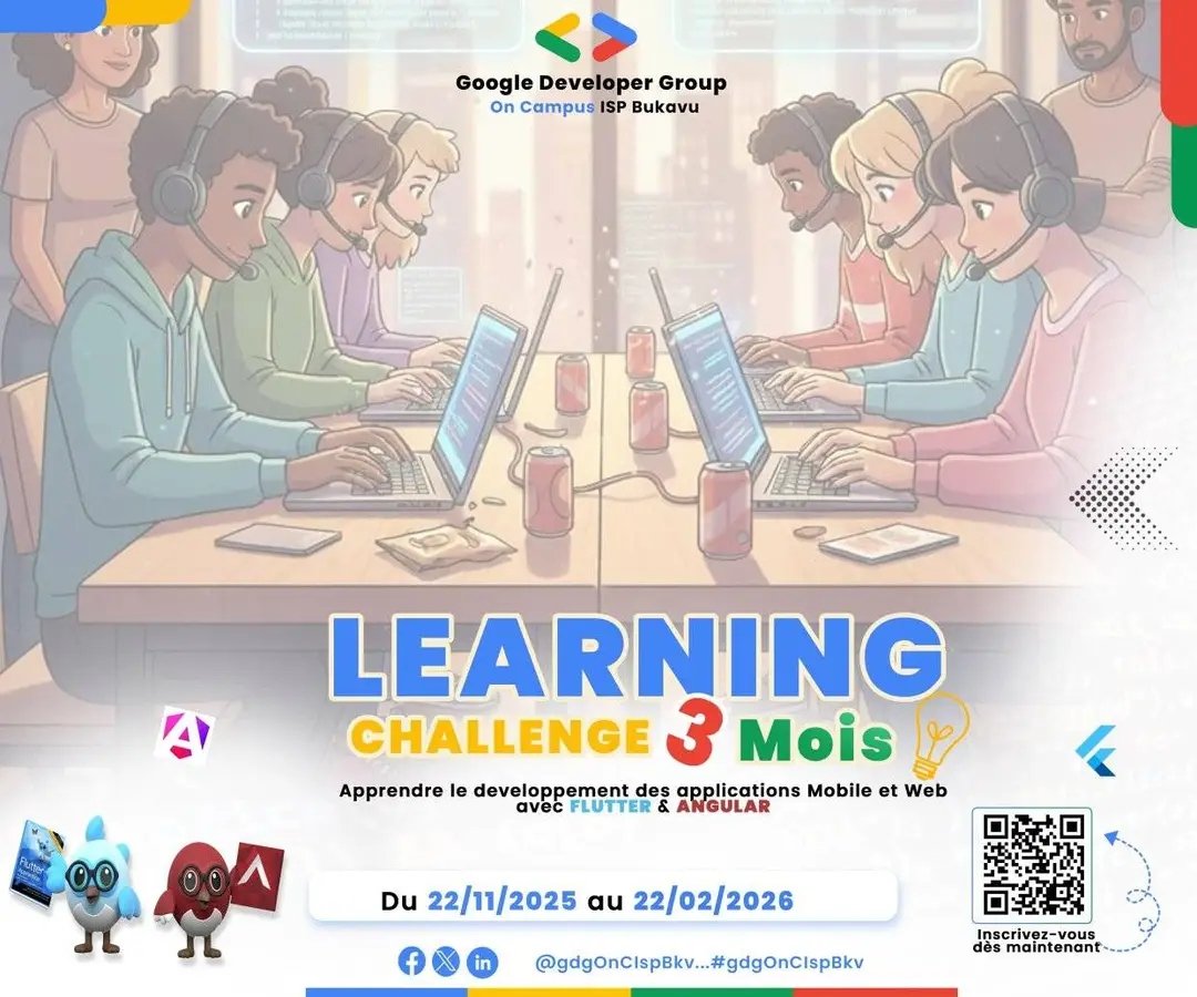 GdgocIspBkv's tweet image. 🎉 Bonne nouvelle ! 🚀

Le GDG On Campus ISP Bukavu vous invite au lancement officiel du Learning Challenge en développement Mobile &amp;amp; Web (Flutter &amp;amp; Angular).

Date : Samedi 22 Nov 2025 à L&apos;isp/Bukavu 

#GDGOnCampus #LearningChallenge #Flutter #Angular #TechRDC #ISPBUKA