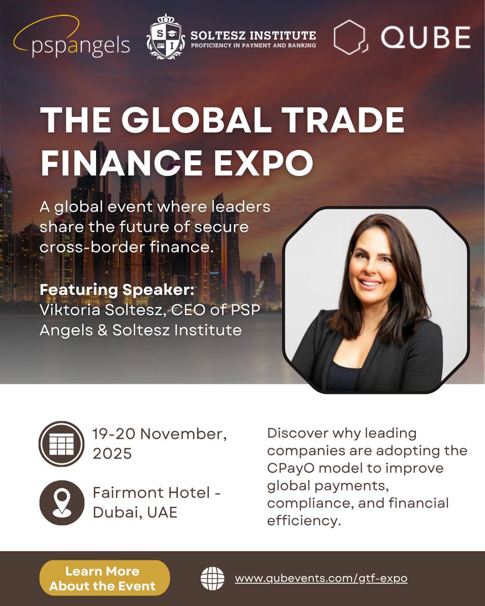 Excited to share that Viktoria Soltesz, our founder , will speak at the Global Trade Finance Expo in Dubai (19–20 Nov 2025), diving into the role of the CPayO and the impact of strong payment strategies.

🔗 More info: qubevents.com/gtf-expo