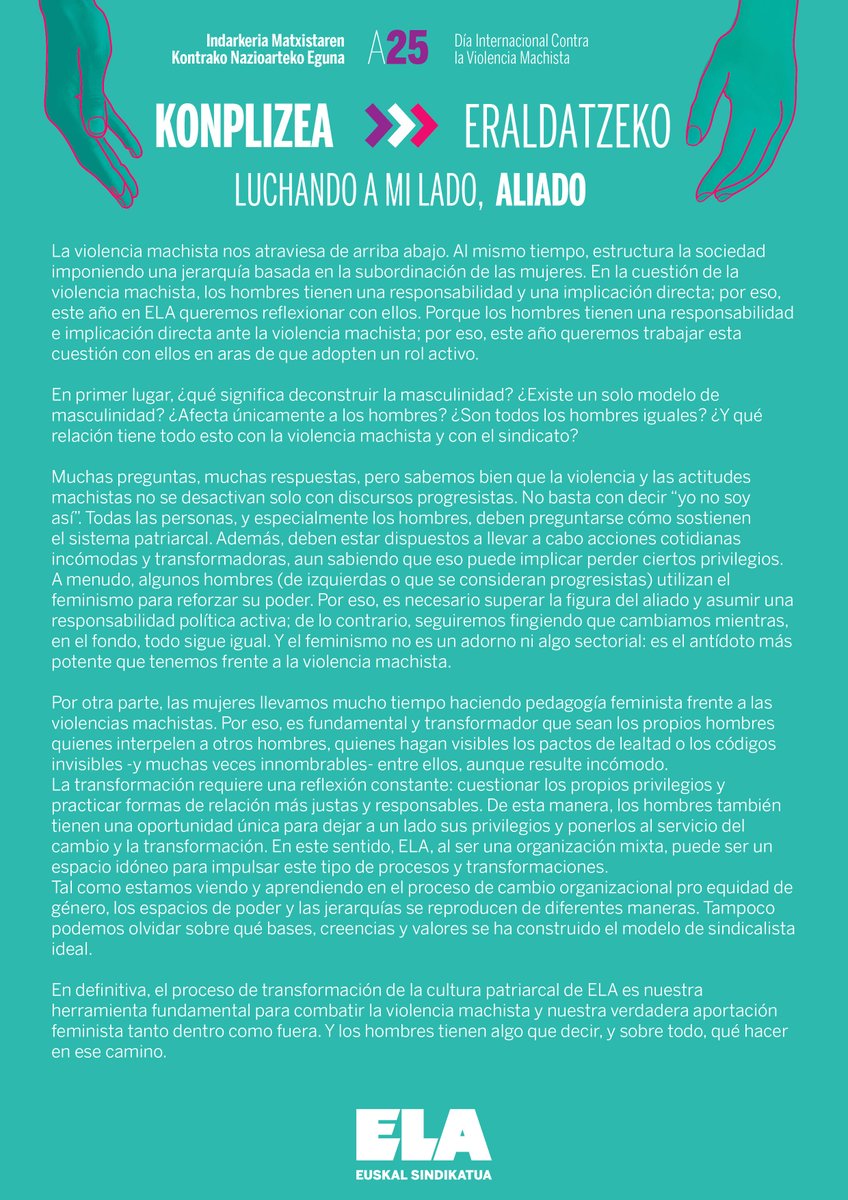 🟣 Este #25N, ELA reflexionará sobre el papel de los hombres en la reproducción y desactivación de las #ViolenciasMachistas, junto con Joseba Gabilondo de #HirukiLarroxa

📢 Además, ELA llama a participar en las movilizaciones convocadas en EH 

📲 labur.eus/icuqnhal