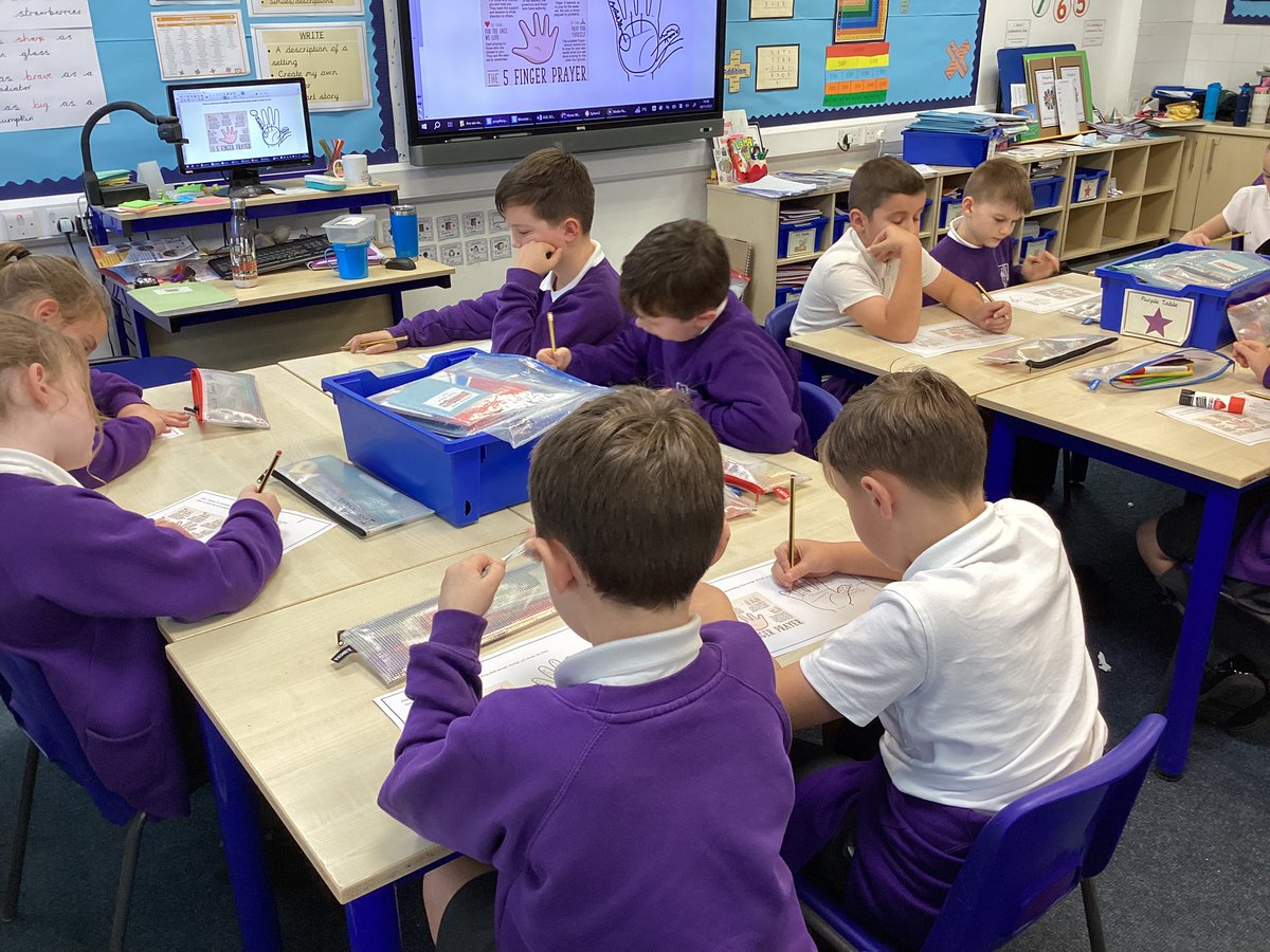 We are learning about the five finger prayer in RE. We thought about different people we want to pray for.