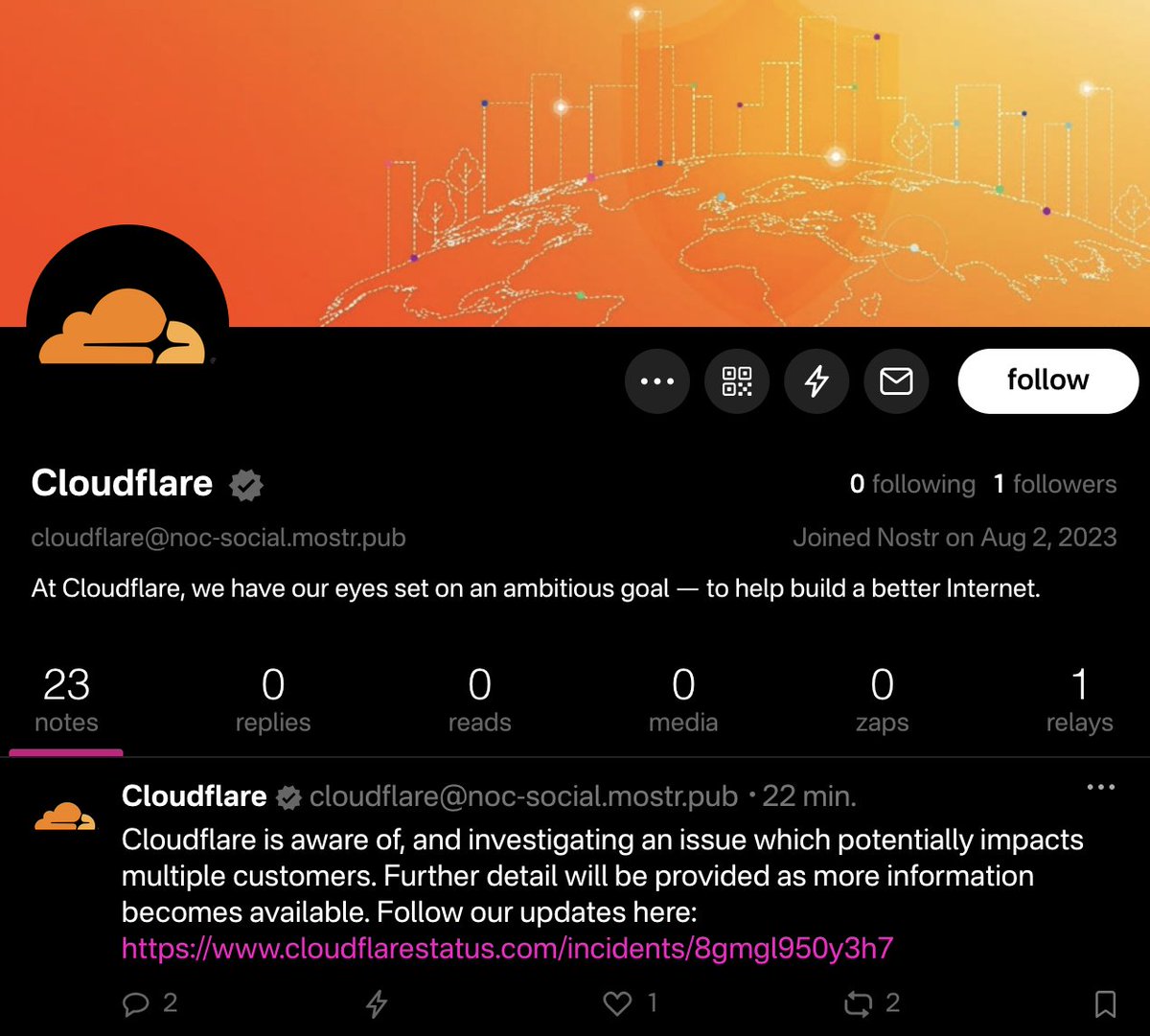 .<a href="/Cloudflare/">Cloudflare</a> uses nostr (decentralised social media) for communication because they took offline everything else.