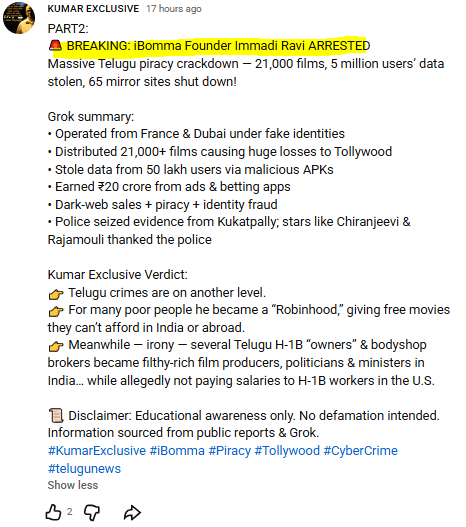 KumarXclusive's tweet photo. “Ten new iBommas will arise soon. People don’t want to pay for movies, so this iBomma-type business will flourish,” a follower wrote.
#KumarExclusive #iBomma #Piracy #Tollywood #CyberCrime #telugunews https://t.co/XAAamEphCU
