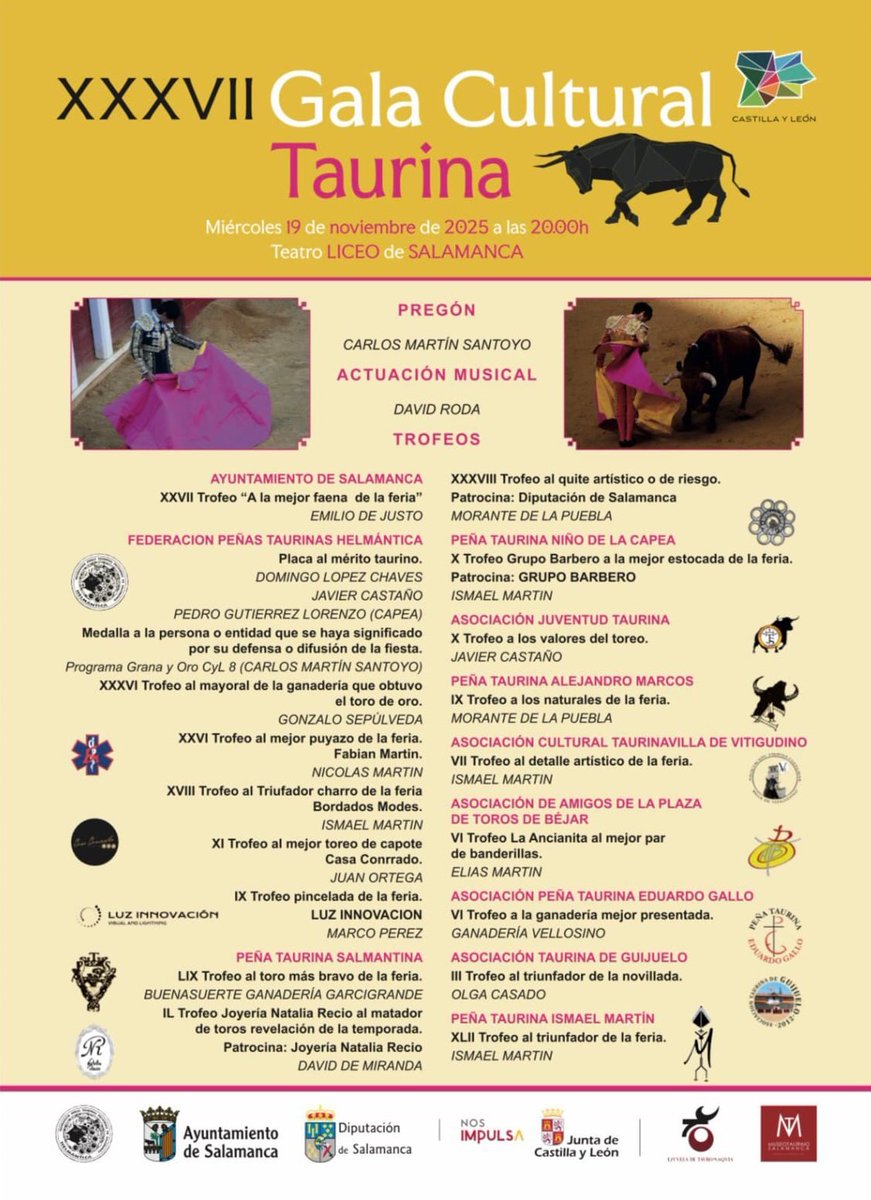 📣 Mañana, en el Teatro Liceo de Salamanca, tendrá lugar la Gala Cultural Taurina.

🏆 Durante el acto, haremos entrega de nuestro X Trofeo “Valores del Toreo” al matador de toros Javier Castaño.

#SOMOSJTS #JavierCastaño #Tauromaquia #Salamanca
