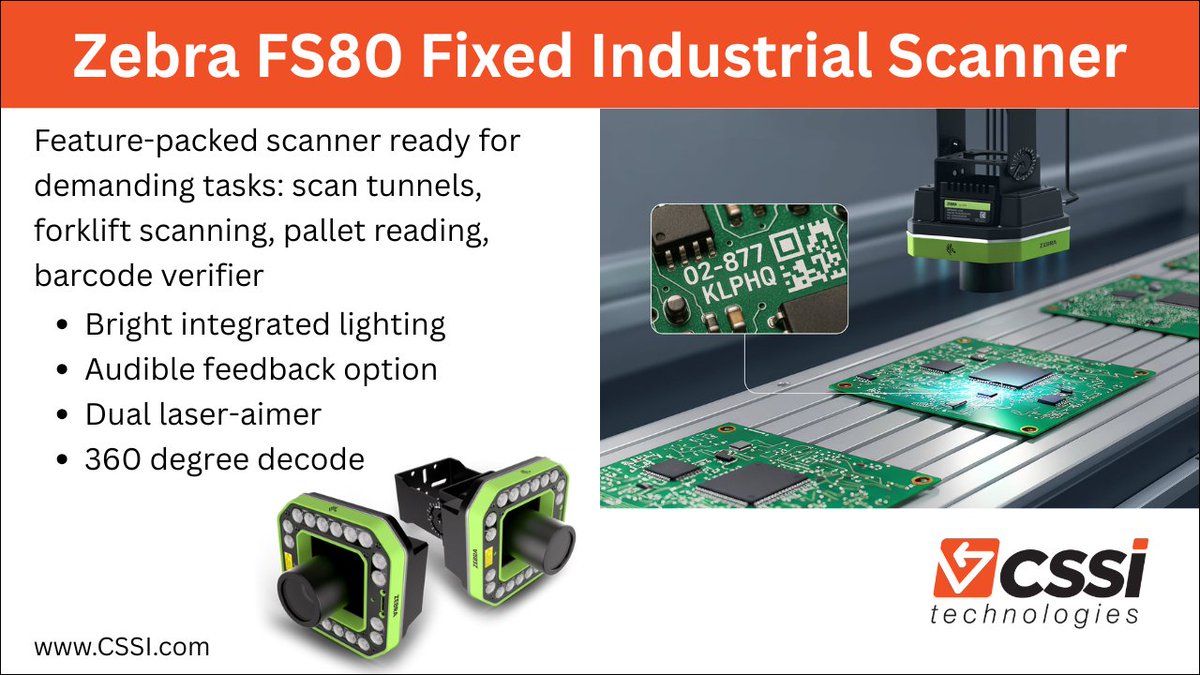 Create fixed scanner arrays for scan tunnels, forklift scanning, pallet reading, and more. Automation can drive data accuracy and team productivity. Zebra's FS80 is an advanced fixed scanner packed with features for your demanding workflows. Learn more:
cssi.com/2025/11/04/zeb…