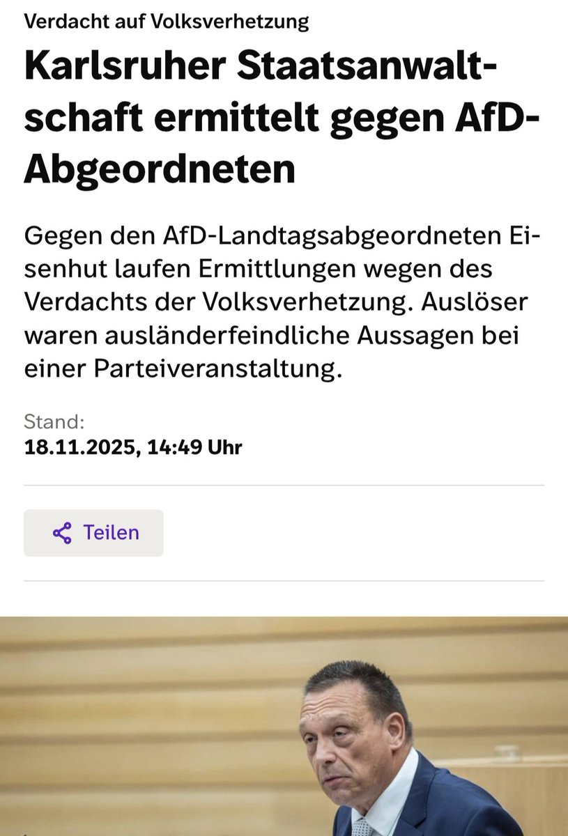 ZACK!

Ermittlungen gegen AfD MdL wegen #Volksverhetzung 

AfD MdL #Eisenhut aus BaWü wird wegen #Volksverhetzung ermittelt.
WANN ENDLICH kapiert auch der letzte Trottel das die faschistoide AfD eine Nazi-Partei ist!? 
swr.de/swraktuell/bad…
#AfDVerbotSofort #Dieter_Bohlen