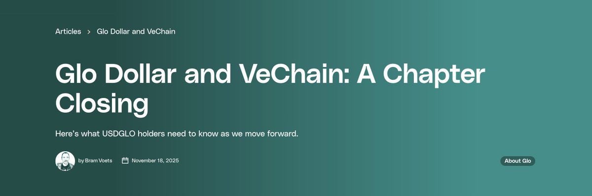 glodollar's tweet image. 📢 Important update for USDGLO holders on VeChain:

We will discontinue @vechainofficial support on January 1, 2026.

Starting then, Glo Dollar will no longer operate in the VeChain ecosystem.