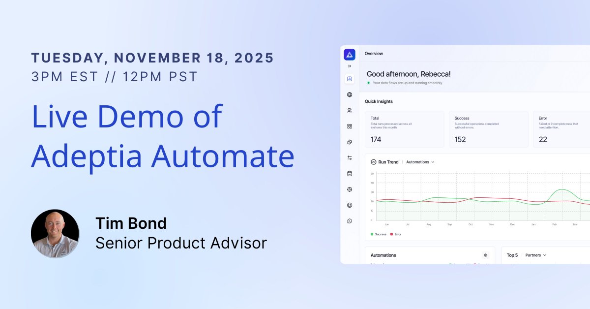 adeptia's tweet image. This afternoon, join Senior Product Advisor Tim Bond as he walks through all the ways Adeptia is reimagining enterprise #DataAutomation.

Sign up below:
 
hubs.ly/Q03Sthz_0