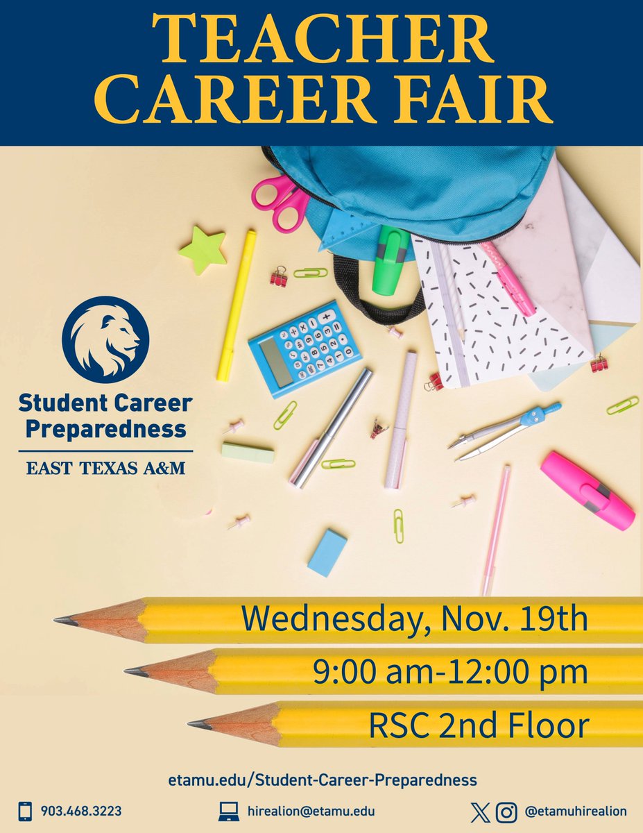 Teacher Career Fair @ ETAMU! Nov 19, 9AM–12PM, RSC. Meet top districts &amp; orgs. RSVP on Handshake! #ETAMU #CareerReady