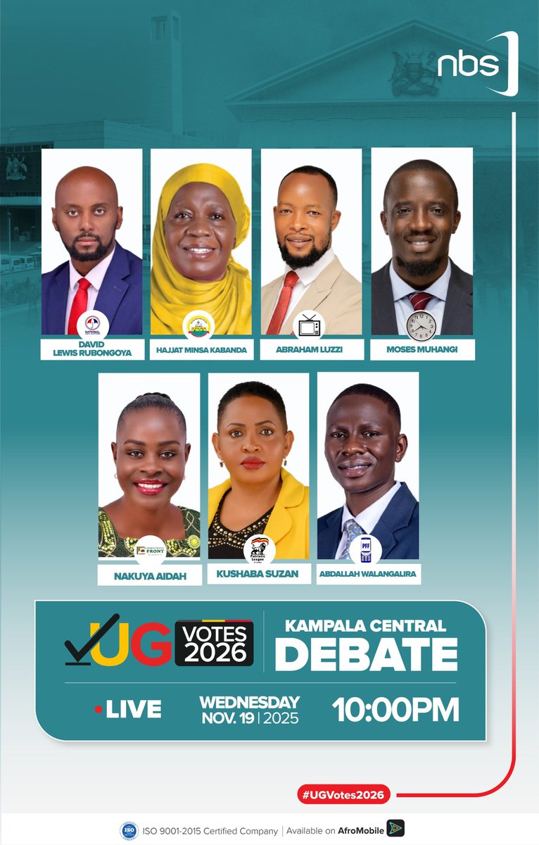 Kampala,get ready for the unmatched political debate tomorrow 10pm live <a href="/nbstv/">NBS Television</a> &amp; <a href="/afromobileug/">AfroMobile</a>. <a href="/DavidLRubongoya/">David Lewis Rubongoya</a> <a href="/AbrahamLuzzi/">abraham luzzi</a> <a href="/HajjatMinsa/">Hajjat Minsa Kabanda</a> <a href="/muhangimo/">Moses Muhangi</a> <a href="/KushabaSuza/">Susan Kushaba</a> <a href="/aidahnakuya/">nakuya aidah</a> <a href="/jaidwalangalira/">JAIDABDALLAH WALANGALIRA</a>  will be verbally contesting.

#UgVotes2026 
#NextMediaUG
