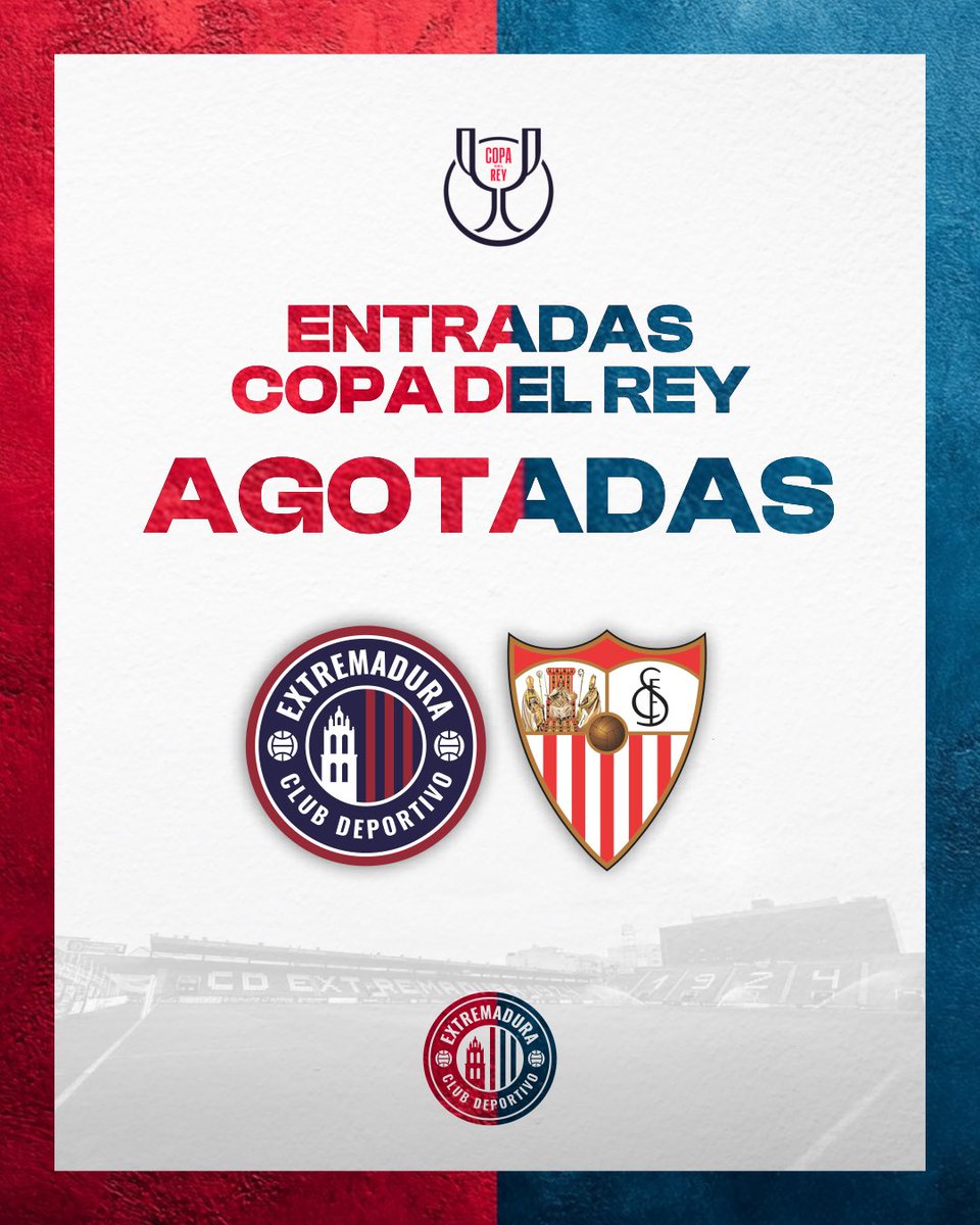 🎟️ 𝗘𝗡𝗧𝗥𝗔𝗗𝗔𝗦 𝗔𝗚𝗢𝗧𝗔𝗗𝗔𝗦 𝗣𝗔𝗥𝗔 𝗘𝗟 𝗣𝗨́𝗕𝗟𝗜𝗖𝗢 𝗚𝗘𝗡𝗘𝗥𝗔𝗟 #ExtremaduraSevilla

Informamos a nuestra afición que las entradas para el público general se han agotado para el partido de #CopaDelRey frente al Sevilla.

A partir de este martes 18 de noviembre