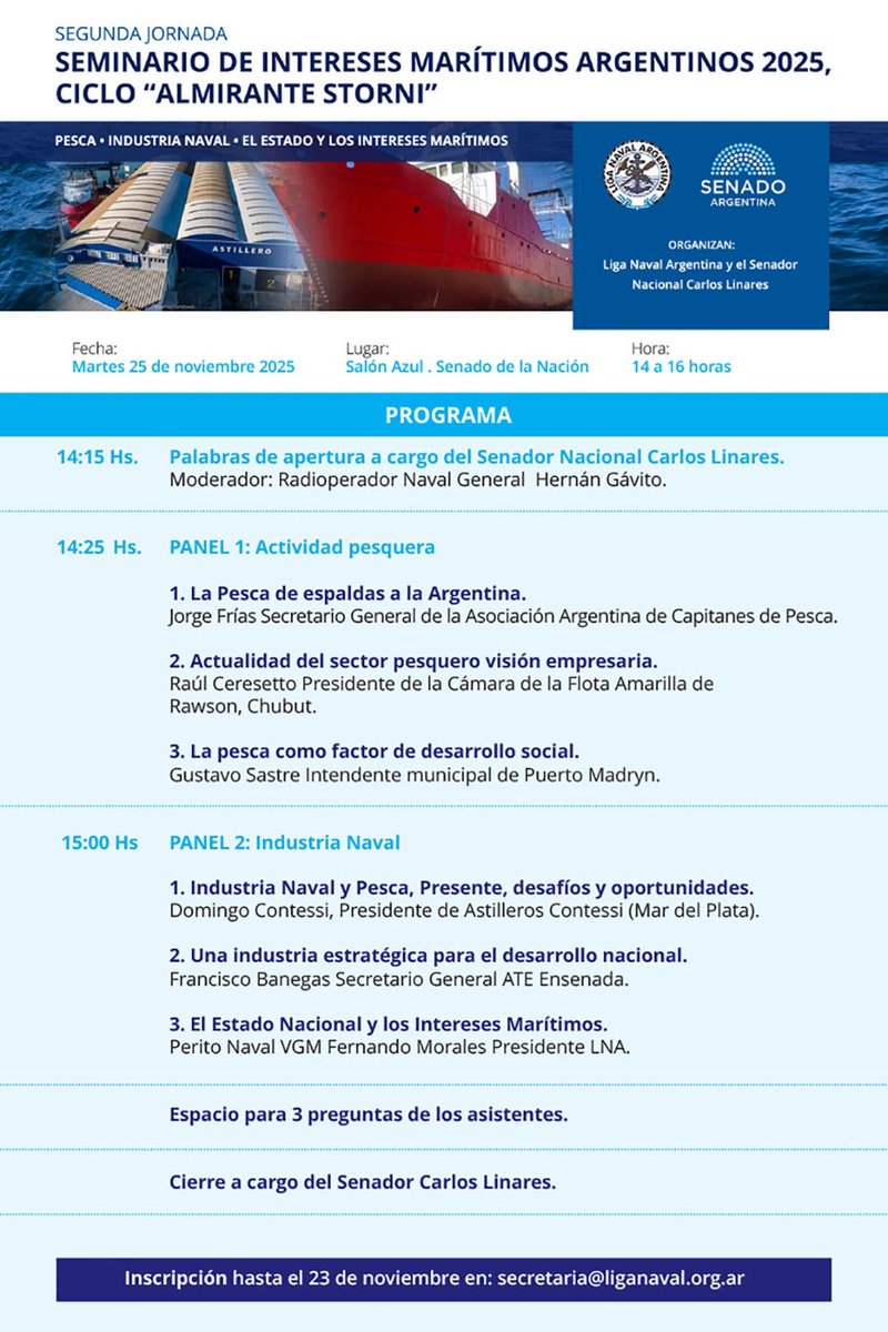 #Pesca e #IndustriaNaval al Senado de la Nación
El 25 de noviembre se realizará el Ciclo Storni, el 1er Panel dedicado a la Actividad pesquera integrado por el Cap. Jorge Frías, el empresario Tato Cereseto y el intendente de Pto. Madryn Gustavo Sastre
#LigaNavalArgentina
