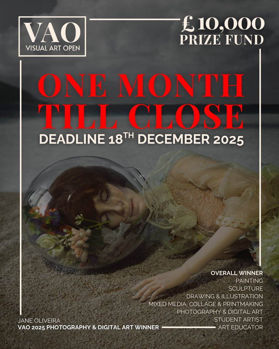 VisualArtOpen's tweet image. ONE MONTH TILL CLOSE!

Join the 11th edition of the Visual Art Open – a major international art award celebrating emerging and established artists.

Apply Now: visualartopen.com
Deadline: 18th December 2025

Elevate your art. Enter today.

#VAO2026 #VisualArtOpen