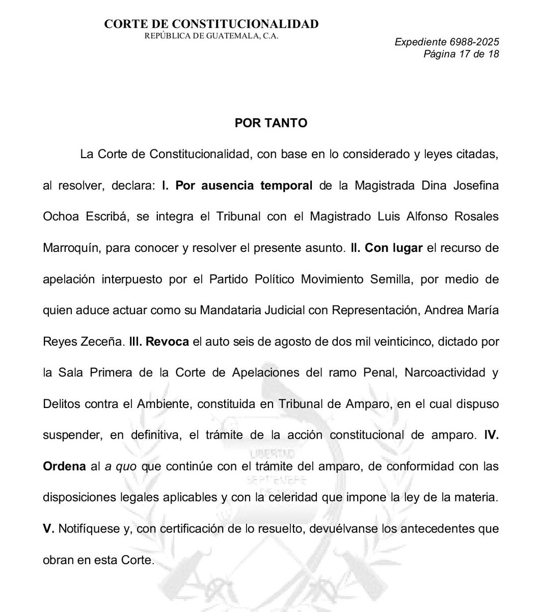 dcuevas_pl's tweet image. La @CC_Guatemala da con lugar una apelación de la diputada Andrea Reyes de @msemillagt, reactivando un amparo que busca se trámite una recusación contra el juez Fredy Orellana, a quien buscan separar del caso contra el partido político por dudar de su objetividad.