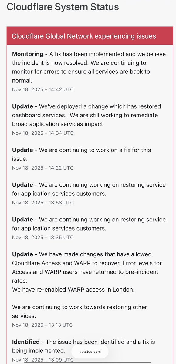 Cloudflare says it has implemented a fix that solves the global Internet outage issue. They are continuing to monitor for errors to ensure all services are back to normal. 

In case you missed it, websites, digital services and even X were down due to an issue with Cloudflare.