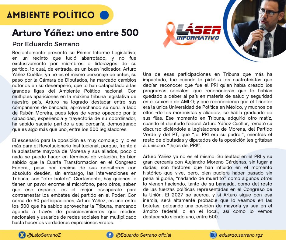 Buen día, va el #AmbientePolítico de <a href="/yanez_arturo/">Arturo Yáñez</a> quien presentó su primer Informe Legislativo; mostrando crecimiento y madurez, aprovechando la máxima Tribuna en la <a href="/Mx_Diputados/">H. Cámara de Diputados</a> , logrando destacar entre los 500 legisladores
<a href="/Raymundocaja/">TwoDrCarmona 🇲🇽</a> <a href="/Miss_karenSdo/">La maeta 👩🏻‍🏫</a> <a href="/juancuit/">Juan C.Avalos Méndez</a> <a href="/alitomorenoc/">Alejandro Moreno</a>