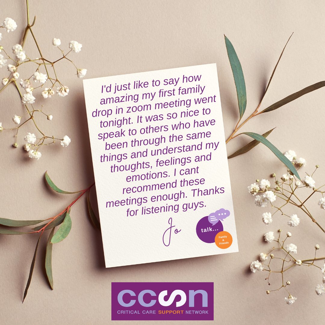 It's hard when someone you love or care for is in ICU but our members love chatting with others who understand
Join us today @ 8pm for our Family &amp; Friends Drop-in we'll listen &amp; share our stories too there may even be some unexpected laughs
Email info@cc-sn.org for more details