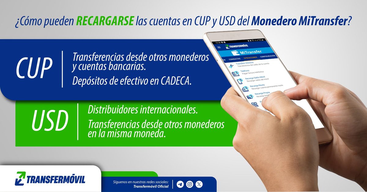 ¿Conoces las vías disponibles para recargar tu Monedero Móvil? 📲

En MiTransfer tienes acceso a una cuenta en CUP y otra en USD, así como a múltiples formas de recarga.
¡Elige a tu gusto! 😉✨

#RecargaMiTransfer #MonederoMóvil #Transfermóvil