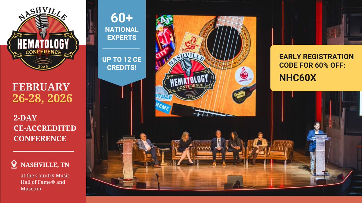 3 more months until #NashvilleHeme26! Join us on Feb 26-28, 2026 in Nashville, TN and receive up to 12 CE credits. Register today with 60% off early registration using code NHC26X 👉 na2.hubs.ly/H025h710
<a href="/BerdejaJesus/">Jesus Berdeja, MD</a> <a href="/drjoannarhodes1/">drjoannarhodes</a> <a href="/KuykendallMd/">Andrew Kuykendall MD</a> #MedEd #CME #hematology