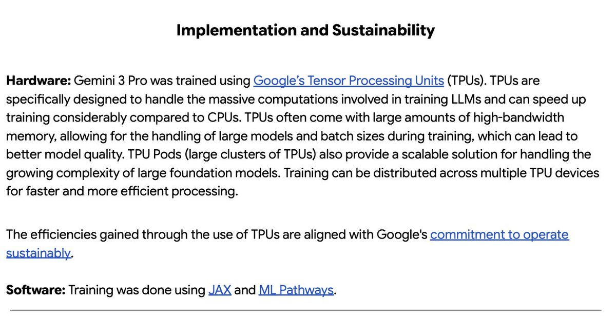 Times_of_Cinema's tweet image. 🔥 Gemini 3.0 TPU Training Insight
Gemini 3.0 was trained solely on Google&apos;s Tensor Processing Units (TPUs)! 

This specialized hardware enables handling massive computations and large-scale training efficiently. 

#Gemini3 #TPU #GoogleAI
