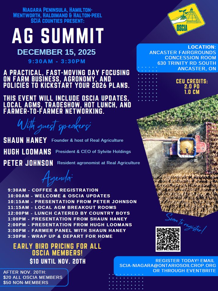 2 days left for early bird pricing! Save 10 bucks! Register by scanning QR code OR emailing scia-niagara@ontariosoilcrop.org OR via Eventbrite here: eventbrite.ca/e/ag-summit-ag…