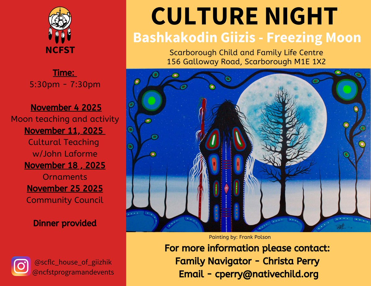 Join us at SCFLC (156 Galloway Road) for our weekly Culture Night every Tuesday! The evening begins with a shared meal, followed by cultural activities or teachings. For more information, please contact Christa Perry (details on the flyer).

@scflc_house_of_giizik