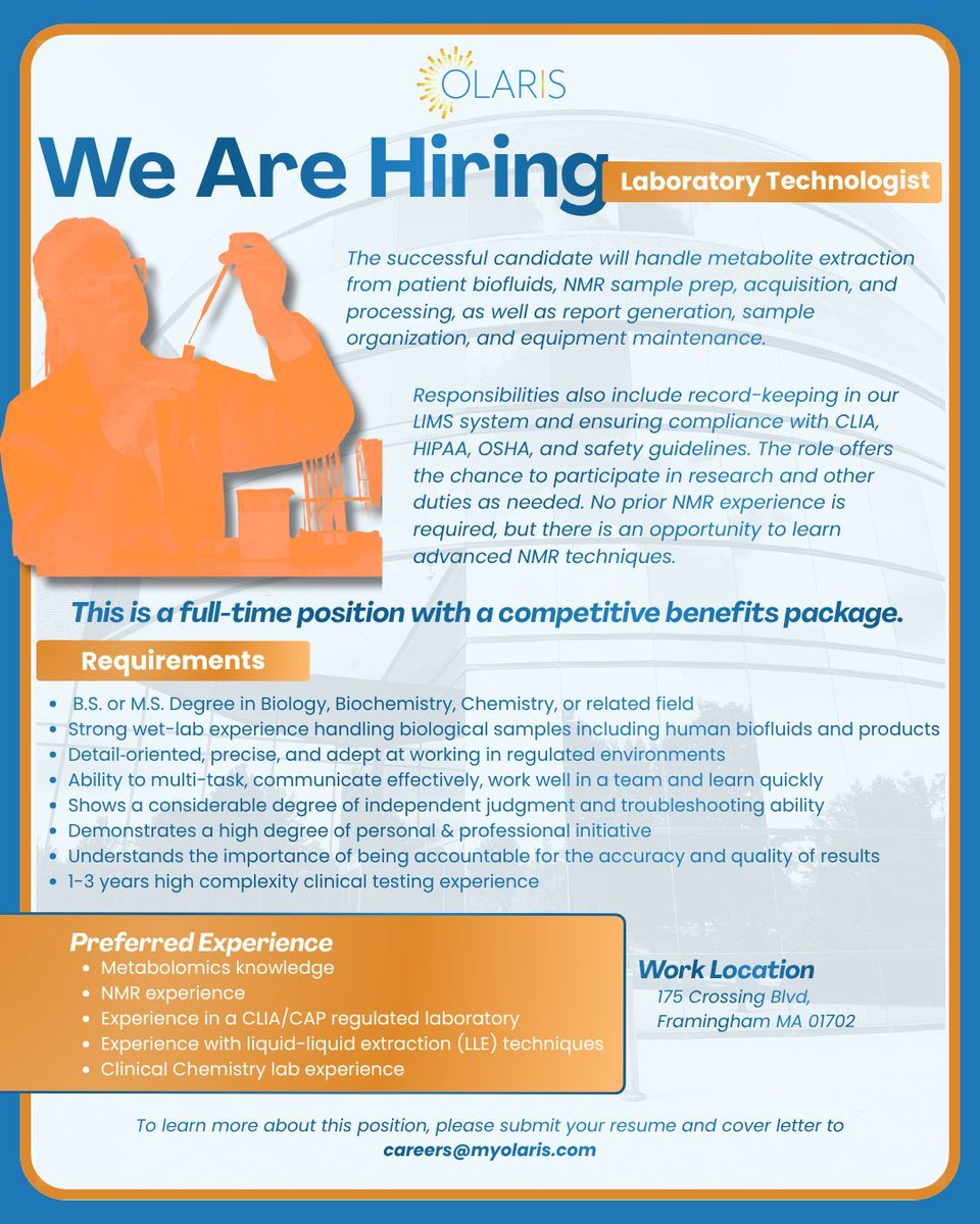 OlarisBoR's tweet image. 🚨𝐎𝐥𝐚𝐫𝐢𝐬 𝐢𝐬 𝐇𝐢𝐫𝐢𝐧𝐠!🚨
We&apos;re expanding due to high demand for our clinical diagnostics &amp;amp; biopharma services. Join our team of passionate #Technologists and help redefine precision medicine! 

Apply: careers@myolaris.com 

#Technologist #JoinOurTeam #Olaris