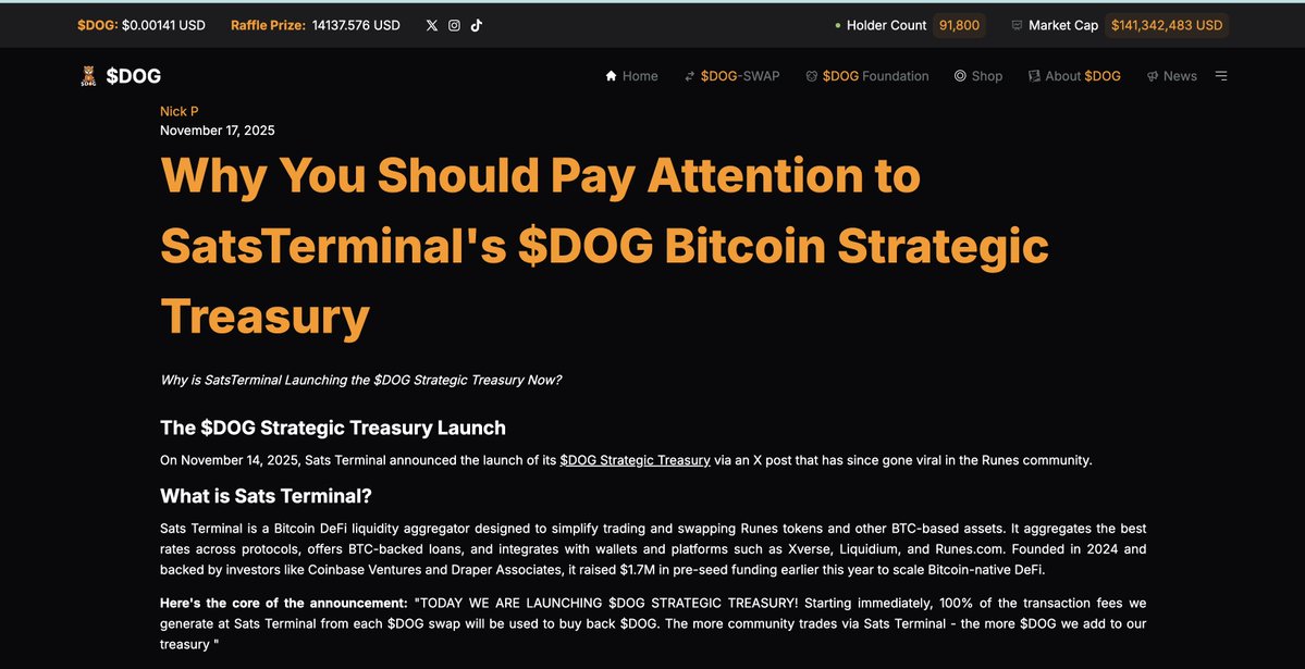 SatsTerminal's tweet image. Last week we launched our $DOG Treasury Strategy and the community went crazy 🐾🔥

We got featured on dogofbitcoin News and even trended on X News with 820+ posts from the $DOG fam.

If everyone’s talking about it, maybe you should see why too.

Explore the smoothest Runes swaps…