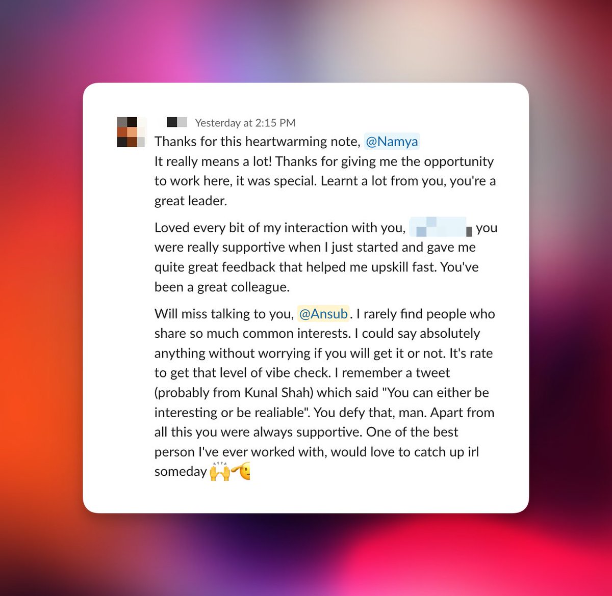People shouldn't become strangers the moment they leave a company.

We hired someone for web design. One month in, they told us: "I don't think this is for me. I want to do product work instead."

We could've been upset. "You wasted our time."

But we didn't. We said: keep