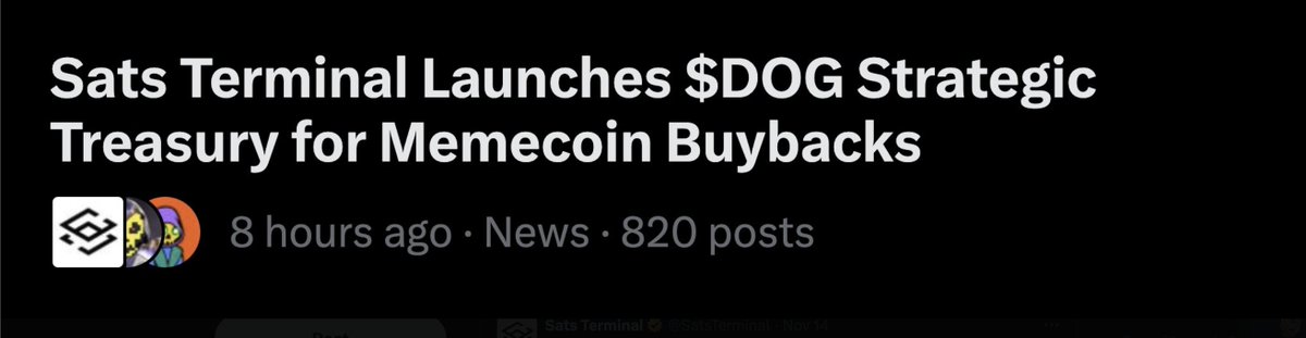 SatsTerminal's tweet image. Last week we launched our $DOG Treasury Strategy and the community went crazy 🐾🔥

We got featured on dogofbitcoin News and even trended on X News with 820+ posts from the $DOG fam.

If everyone’s talking about it, maybe you should see why too.

Explore the smoothest Runes swaps…