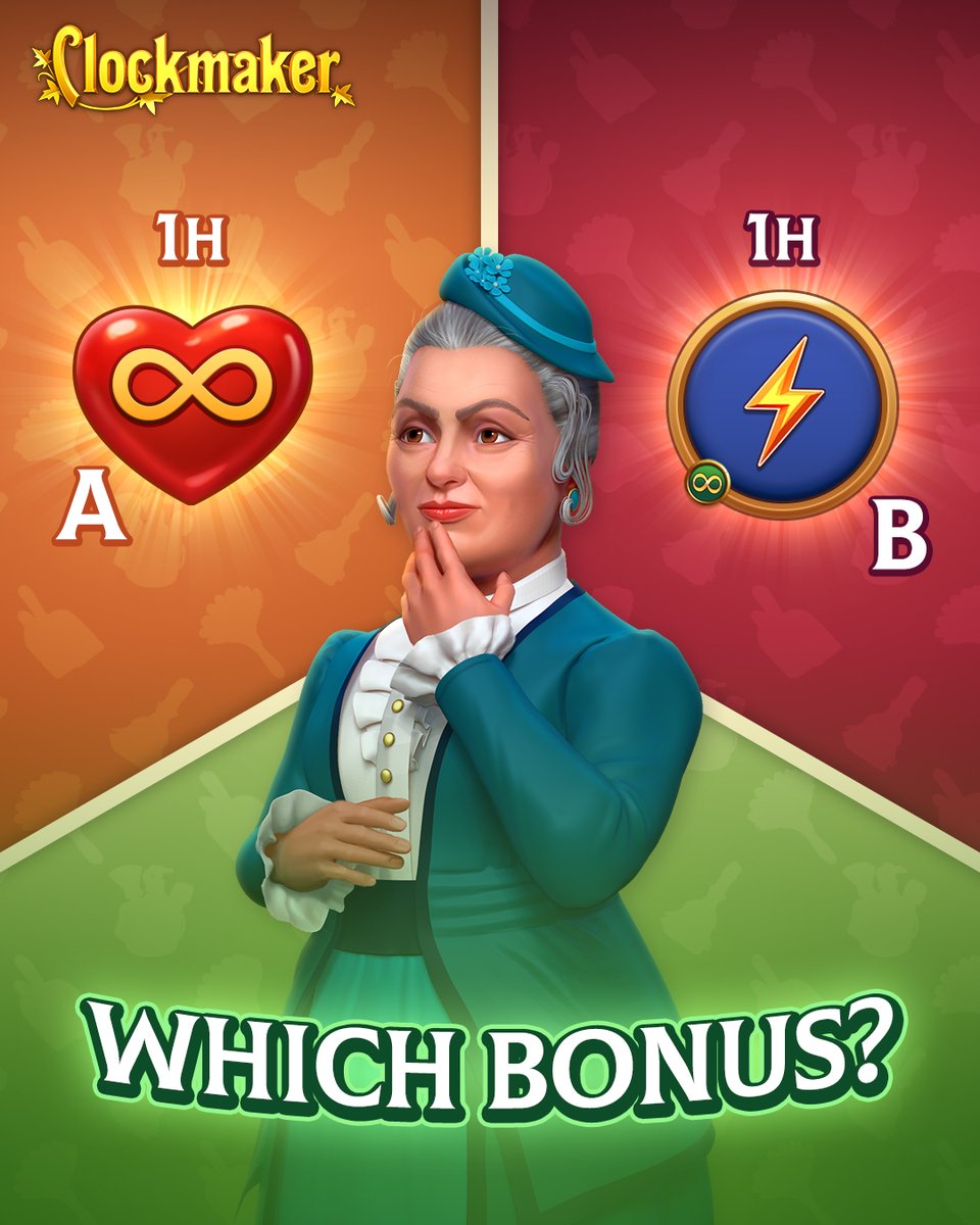 ClockmakerGame's tweet image. 🎁 𝐇𝐞𝐥𝐩 𝐌𝐚𝐫𝐠𝐚𝐫𝐞𝐭 𝐜𝐡𝐨𝐨𝐬𝐞 𝐭𝐡𝐢𝐬 𝐰𝐞𝐞𝐤&apos;𝐬 𝐛𝐨𝐧𝐮𝐬 𝐢𝐧 𝐂𝐥𝐨𝐜𝐤𝐦𝐚𝐤𝐞𝐫! ➡️ play.belka-games.com/twi
A brand-new event is brewing, and your vote will decide which fall bonus joins the fun 😉 Leave your pick below!

#mobilegaming #mobilegames #clockmaker