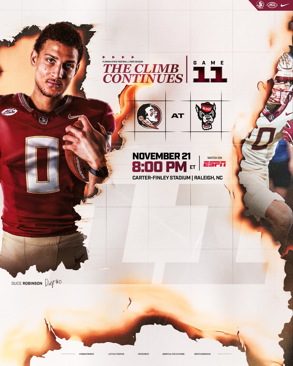FSUFootball's tweet image. The CLIMB continues with our final ACC matchup of the season!

🗓️: Friday 
⌚️: 8:00pm ET
📍: Raleigh, NC
🏟️: Carter-Finley
📺: ESPN
📻: noles.co/2025Radio

#NoleFamily | #KeepCLIMBing