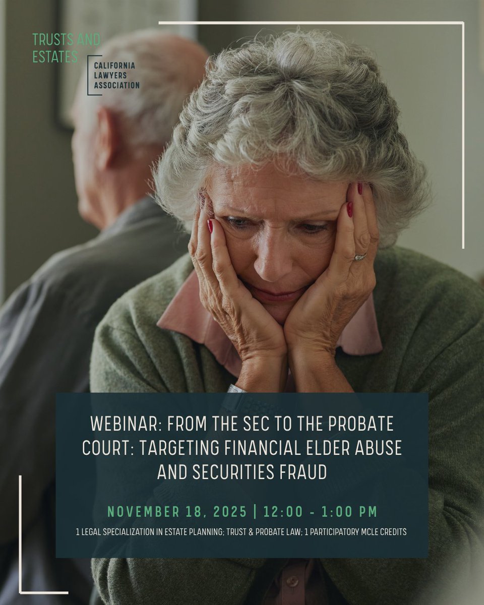 CLATrusts's tweet image. Two perspectives. One goal: stopping financial abuse.

What happens when financial elder abuse meets securities fraud? Learn from both Jeff Loew and Brent Smyth today, November 18th, for more insights!

It&apos;s not too late to join us at 12 PM. Register now: bit.ly/4oU10EK