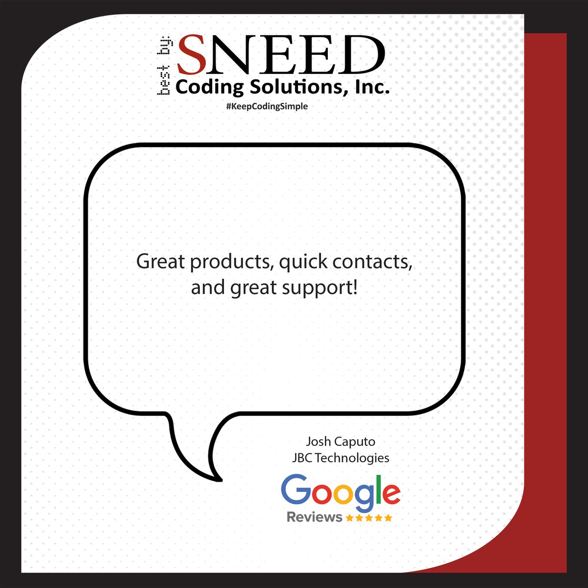 SneedCoding's tweet image. Great products👌. Fast communication⏱️. Reliable support. 🛠️
Thank you to Josh at @JBCTechnologies for the positive feedback🙌!
🤔Worked with our team or used a SNEED-JET® printer🖨️? Leave us a Google review📩
hubs.ly/Q03RWc_Y0
#CustomerFeedbackMatters #KeepCodingSimple