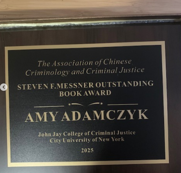 JohnJayResearch's tweet photo. Huge congratulations to Professor Amy Adamczyk, whose book Fetal Positions won the Steven F. Messner Outstanding Book Award at the American Society of Criminology Conference.

Read more about the book here: https://t.co/9154GPBpy4. https://t.co/AEwrJNIdOH