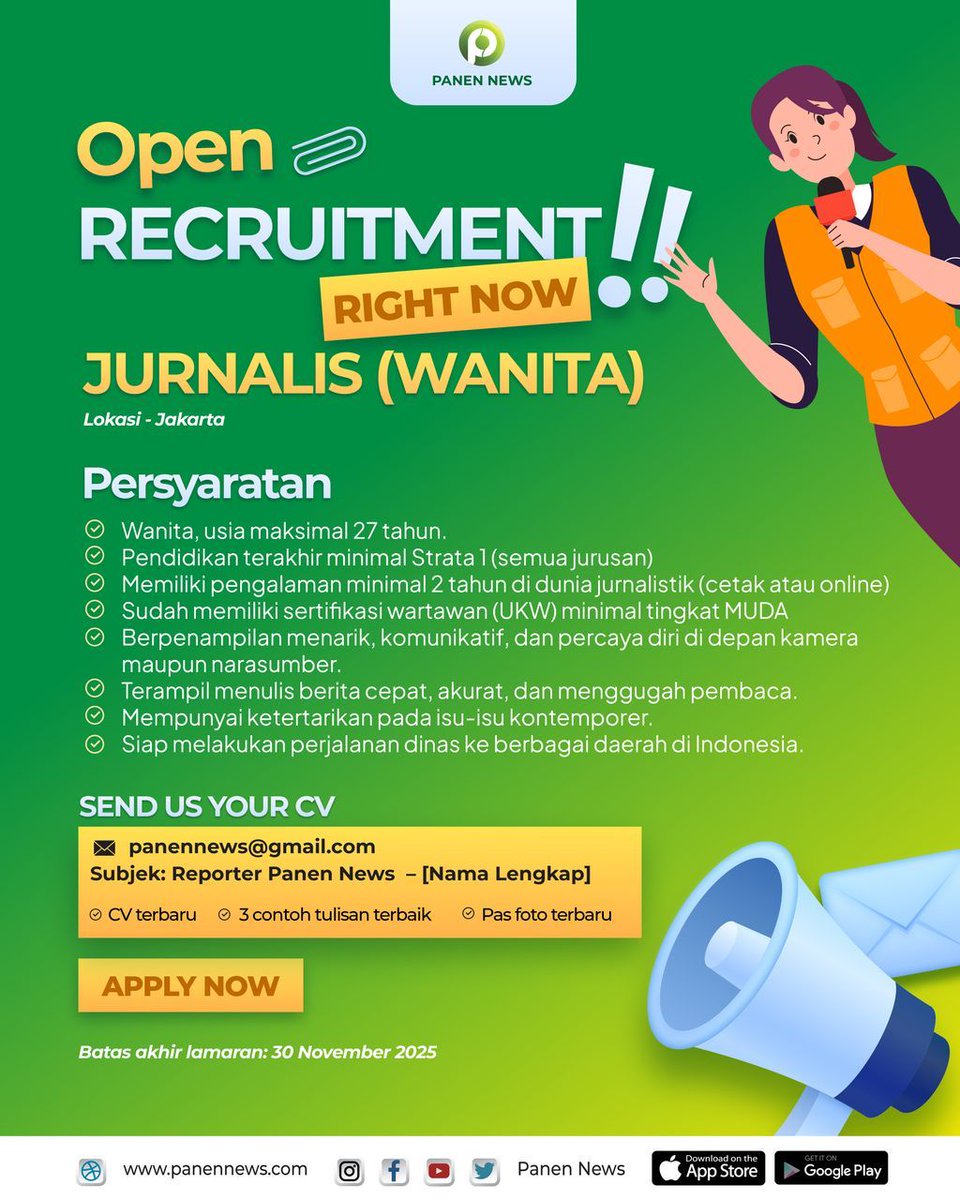 panennews's tweet image. Panen News mencari jurnalis muda berbakat untuk bergabung bersama tim kami.

📌 Kualifikasi dan persyaratan sesuai ketentuan yang tertera di dalam postingan. 

Batas akhir lamaran: 15 November 2025 

#Panennews #openrecruitment #hiring #lokerhariini #lokerjurnalis #jurnalis