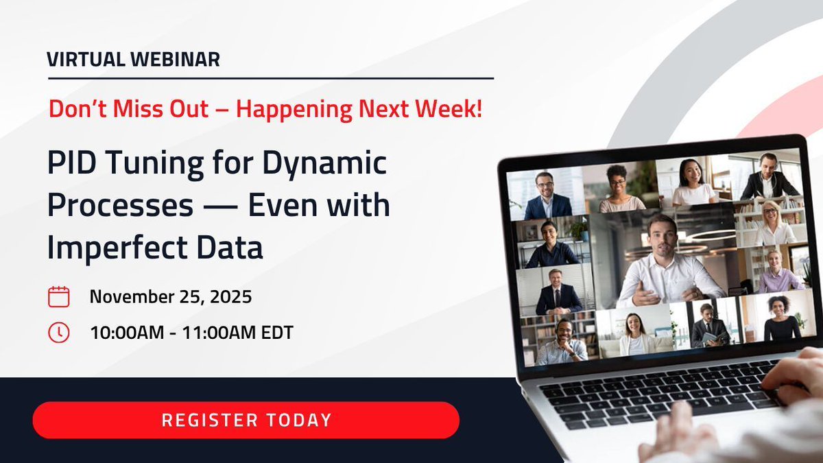 Control_Station's tweet image. Reserve your spot now 👉 register.gotowebinar.com/register/51089…

🚨 𝙄𝙩’𝙨 𝙝𝙖𝙥𝙥𝙚𝙣𝙞𝙣𝙜 𝙣𝙚𝙭𝙩 𝙬𝙚𝙚𝙠! Join our free live webinar and learn how to master PID tuning for dynamic processes, even when your data isn’t perfect.

📅 November 25, 2025
 
🕙 10:00–11:00 AM EDT