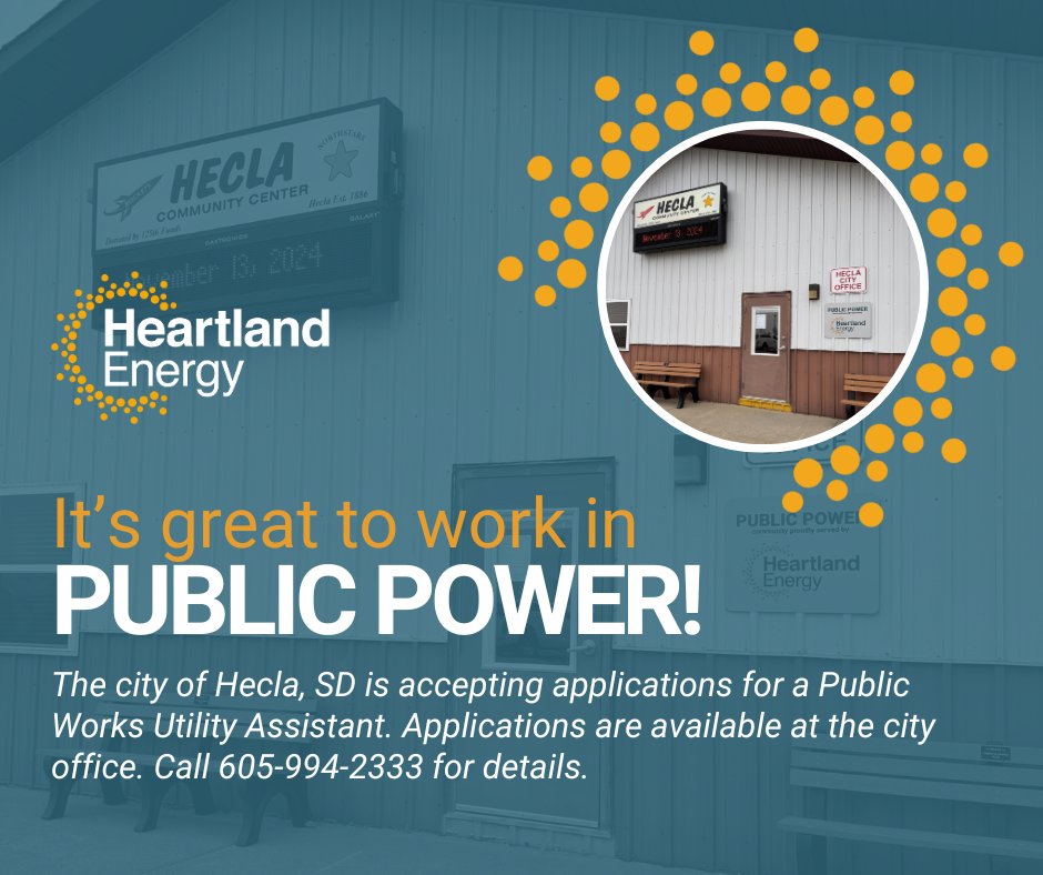It's great to work in #PublicPower!

The city of #HeclaSD is accepting applications for a Public Works Utility Assistant. Applications are available at the city office. Call 605-997-2333 for details.

#CommunityPowered #hiring #jobs #SouthDakotajobs #PublicWorks
