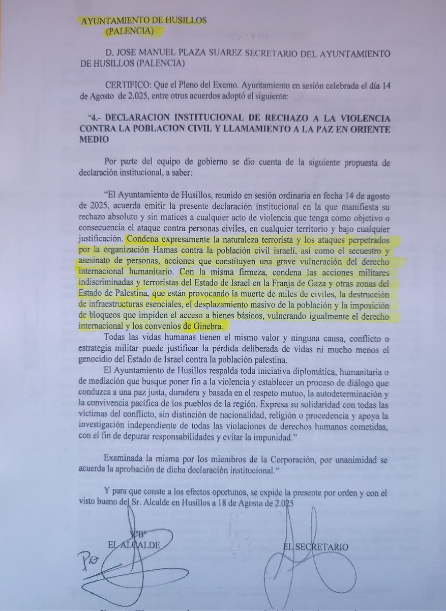 ¡GRACIAS a los Ayuntamientos de Dueñas y Husillos (Palencia) por vuestro compromiso aprobando mociones que exigen un Alto el Fuego inmediato en Gaza, la entrada de ayuda humanitaria y el rechazo absoluto a la violencia y el genocidio contra la población civil palestina gazatí.