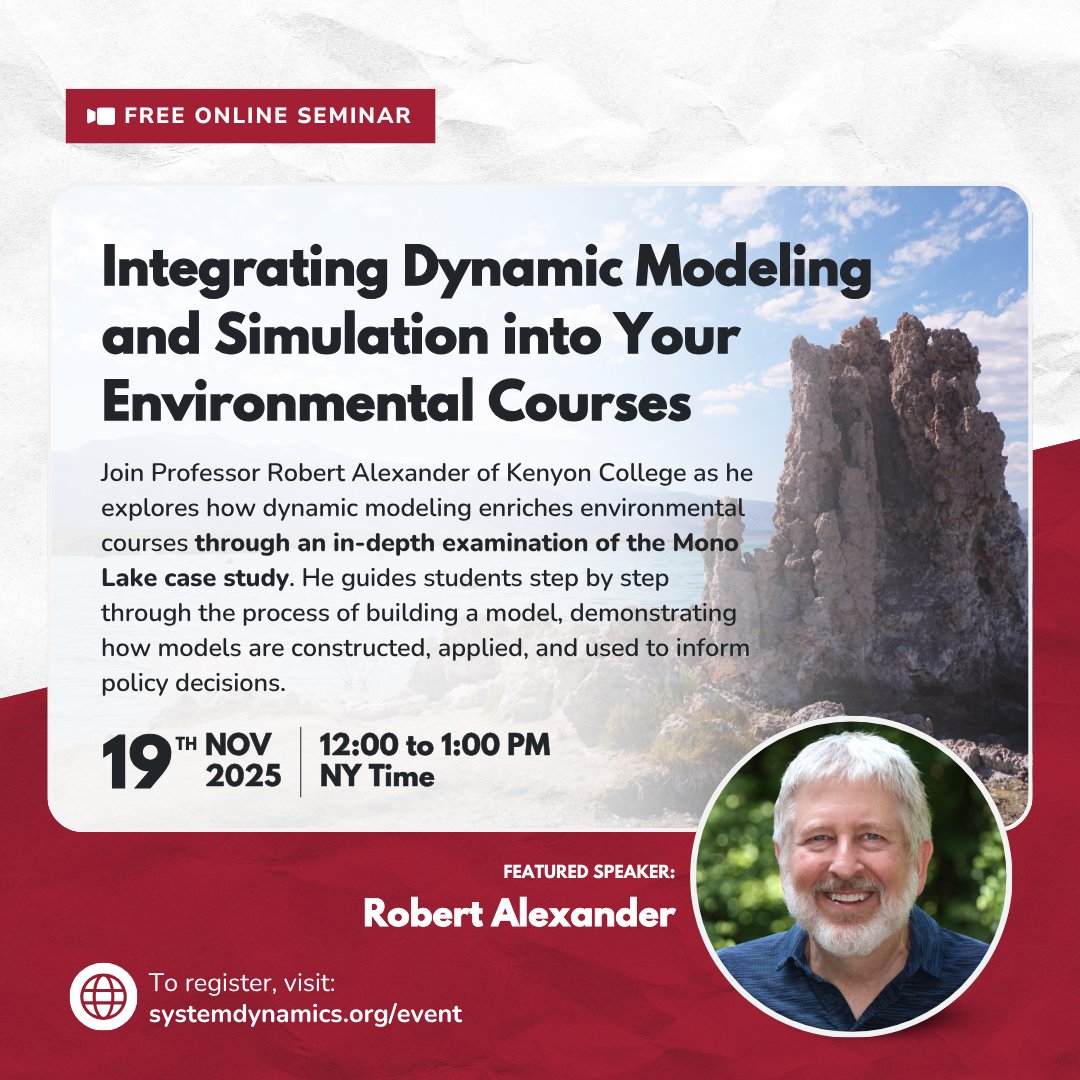 systemdynamics_'s tweet image. 📣 CHECK THIS OUT! ▶️  “Integrating Dynamic Modeling and Simulation into Your Environmental Courses” with Professor Robert Alexander of Kenyon College

📅 November 19 @ 12:00 pm - 1:00 pm NY Time
🔗 RSVP: ow.ly/HKaA50XsA1T

#SystemDynamics #systemsthinking