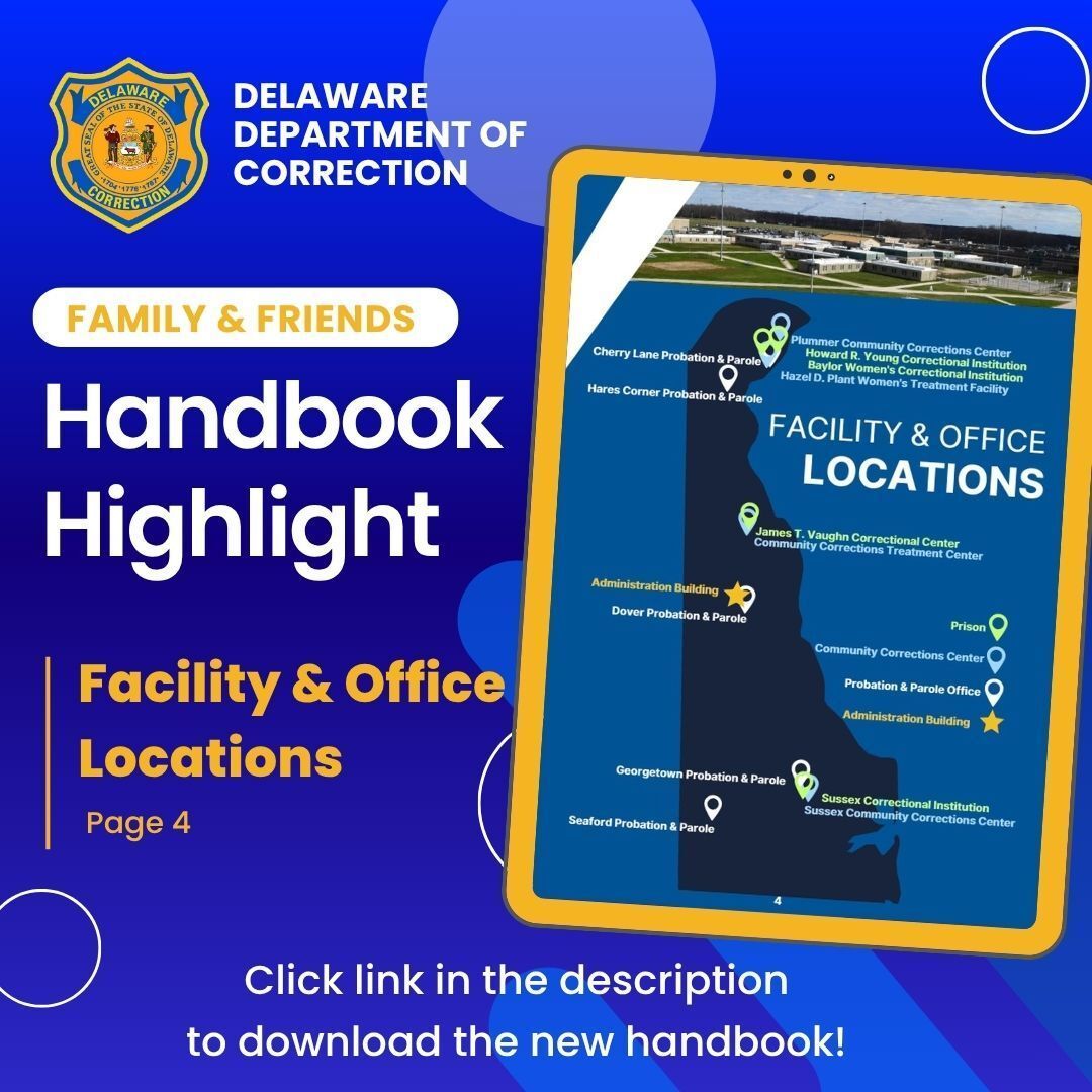 DECorrection's tweet image. 📘 𝗛𝗮𝗻𝗱𝗯𝗼𝗼𝗸 𝗛𝗶𝗴𝗵𝗹𝗶𝗴𝗵𝘁!
Today we’re spotlighting Page 4 - Facility &amp;amp; Office Locations of our Family &amp;amp; Friends Handbook.

This is just one of the many helpful resources included in the handbook.

👉 Download your copy today: doc.delaware.gov/assets/documen…
#DelawareDOC