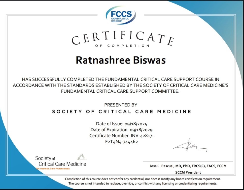 RatnashreeB's tweet image. Delighted to share that I have successfully completed the Fundamental Critical Care Support (FCCS) certification by @SCCM. This course helped me in developing foundational knowledge and skills for managing critically ill patients 🙂 #criticalcare #sccm #fccs #certificate #ccm