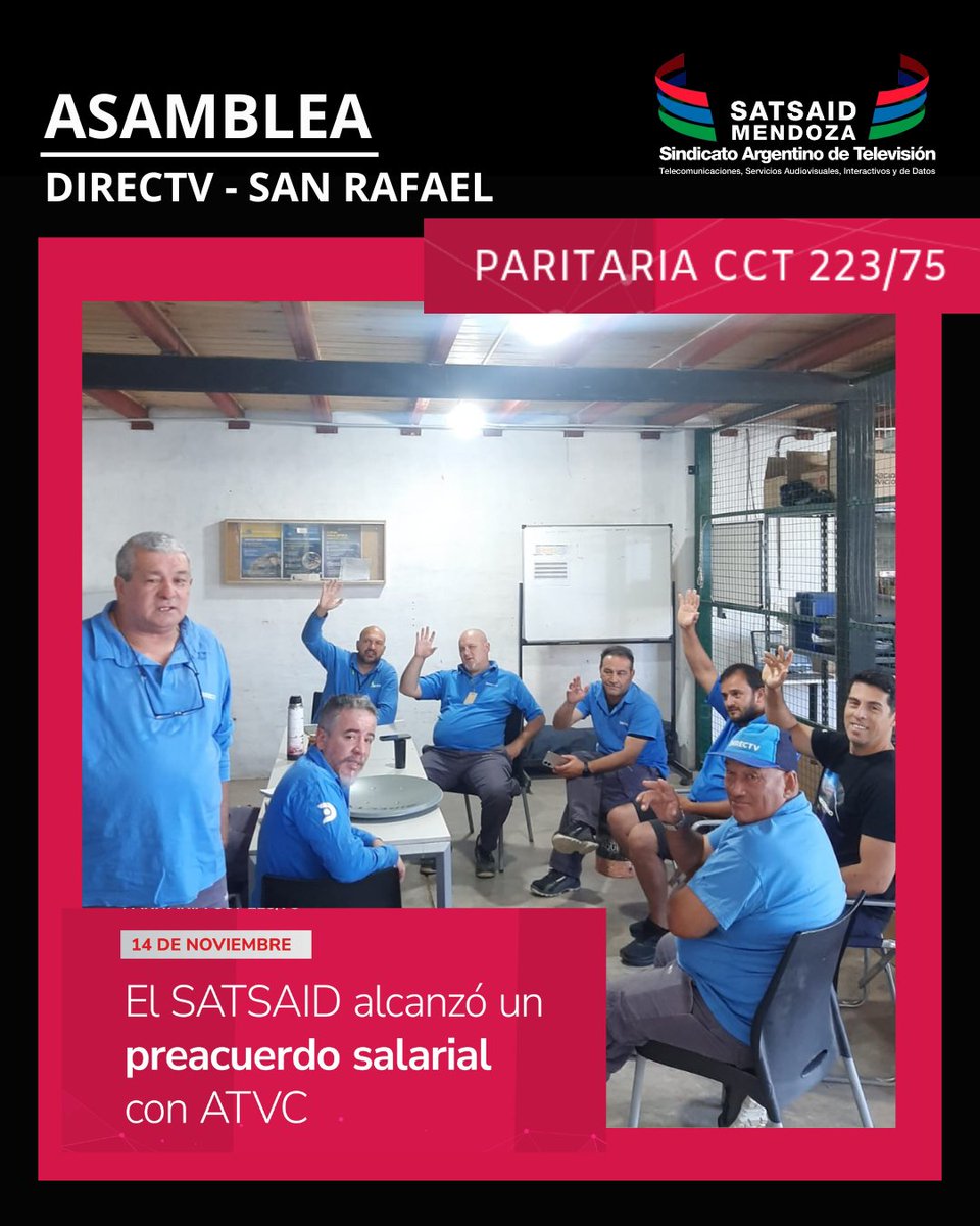 SATSAID_MENDOZA's tweet photo. 🇬🇲 ASAMBLEAS 🇬🇲
En San Rafael, los compañeros de DIRECTV pusieron a consideración el preacuerdo al que se llegó con ATVC.
#satsaid #satdaidenlucha #atvc #paritaria #directv #satdaidmendoza #mendoza https://t.co/g05VhQub4v