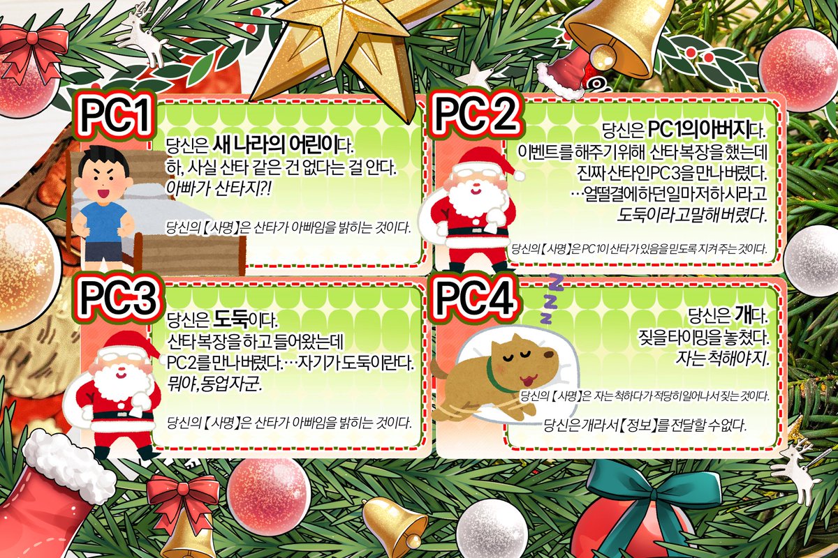 RT 추첨 - 1분 PDF 제공

인세인 4인 3(2)사이클 특수형 시나리오 <크리스마스의 SANta>를 오늘로 유료 전환, PDF 판매를 합니다.

2025년 12월 25일까지 할인 판매 및 구글 폼을 통한 메일 발송형식 판매를 겸하고 있습니다 ^_^(구글폼이 1천원 더 저렴합니다!)

포스타입 : posty.pe/i3pafw
